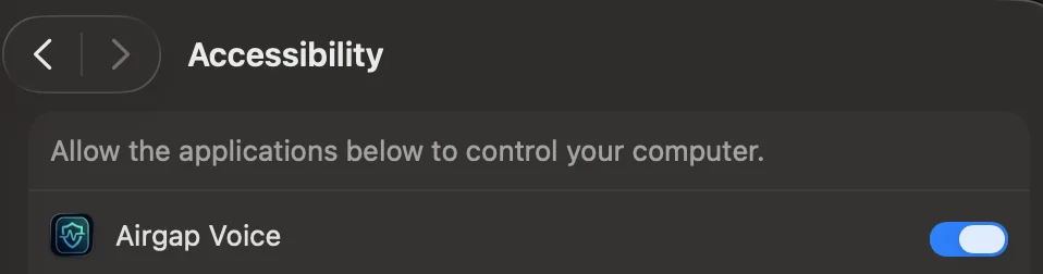 Airgap Voice enabled in Accessibility settings