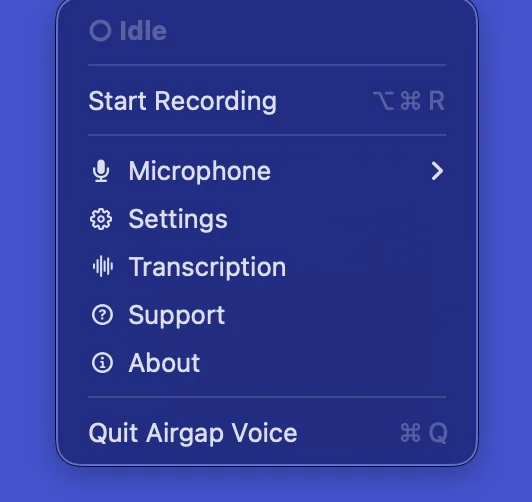 Airgap Voice main menu