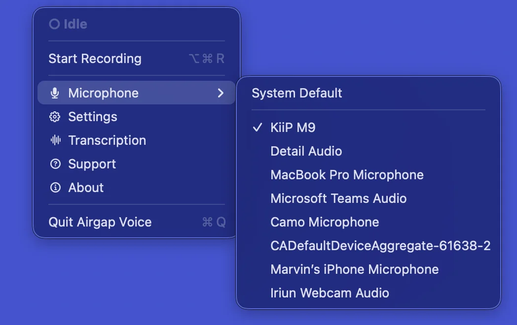 Microphone selection submenu