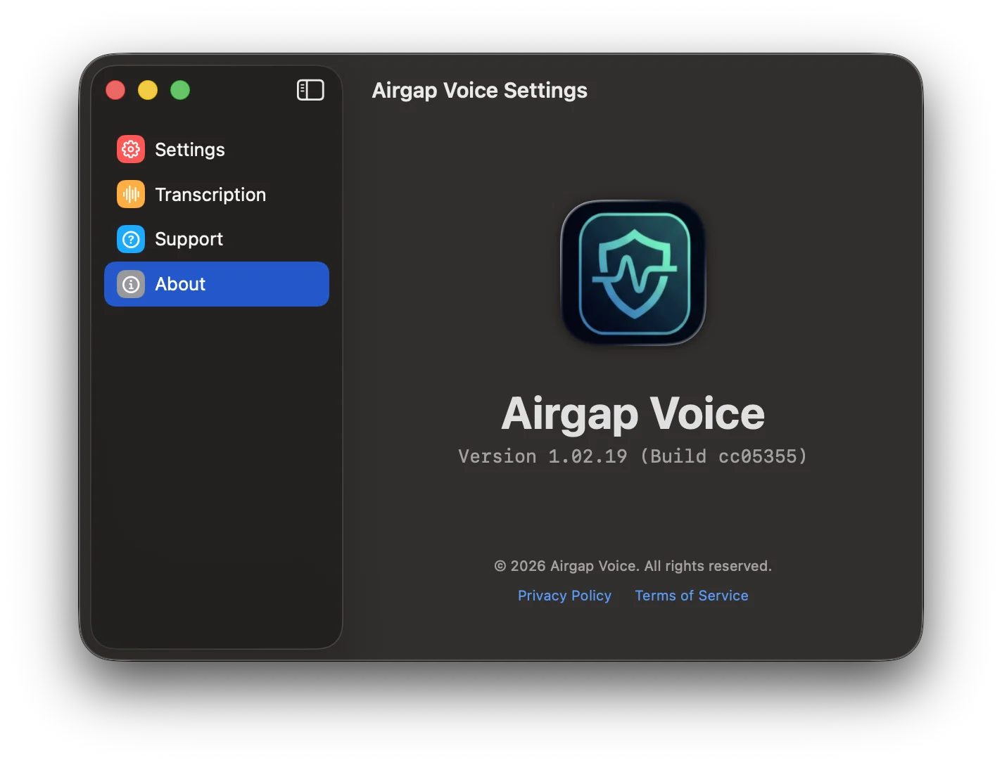 Settings — About panel