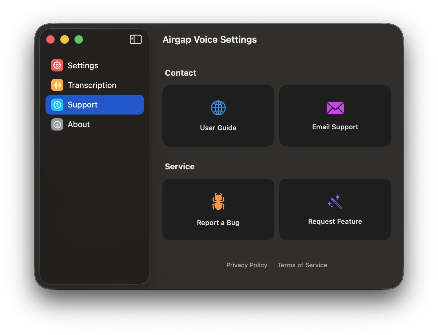 Settings — Support panel