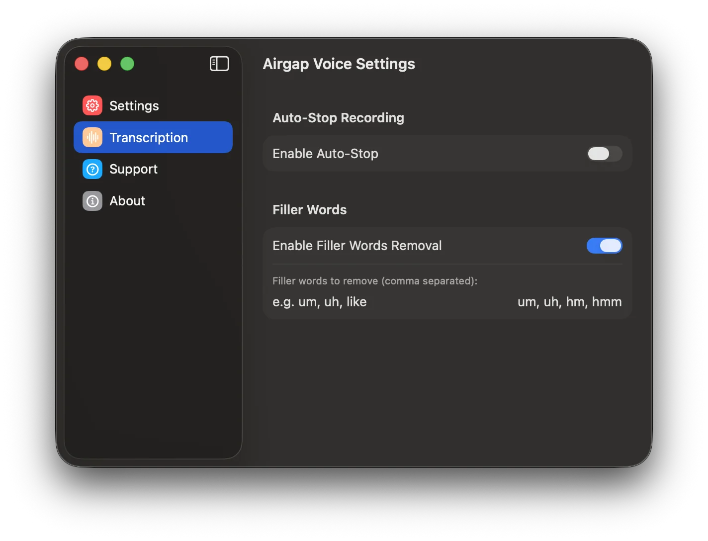 Settings — Transcription panel